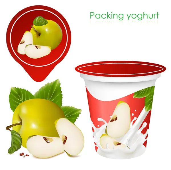 Предпосылки для проектирования упаковки йогурта с фотореалистичным вектором зеленого яблока . — стоковый вектор