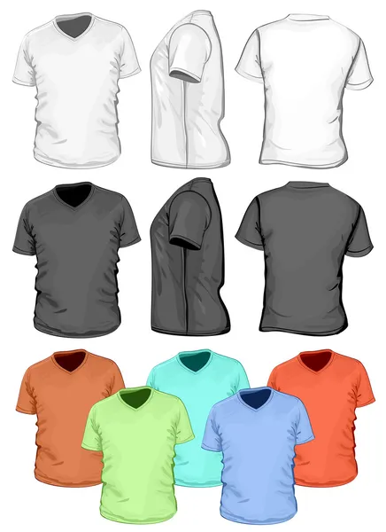 Men's V-neck t-shirt design template (front, back and side view) — Stock Vector