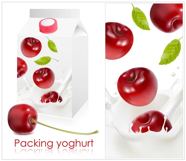 Hintergrund zur Gestaltung von Verpackungsjoghurt mit fotorealistischem Kirschvektor. — Stockvektor