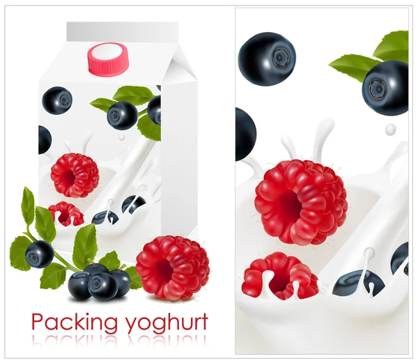 Hintergrund zur Gestaltung von Verpackungsjoghurt mit fotorealistischem Vektorbild von Waldbeeren. — Stockvektor