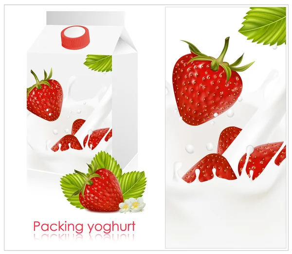 Achtergrond voor het ontwerp van de verpakking van yoghurt met fotorealistische vector van aardbei. — Stockvector