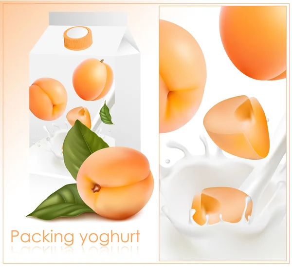Ripe apricots falling into the milky splash. — Wektor stockowy