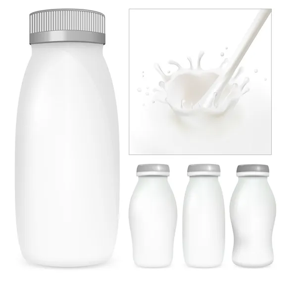 Ensemble vectoriel de paquets de lait blanc et de yaourts. éclaboussures laiteuses — Image vectorielle
