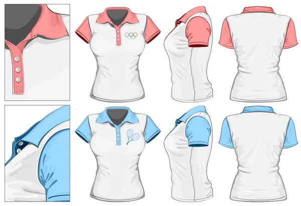Vrouwen polo-shirt ontwerpsjabloon (voorkant, achterkant en zijaanzicht). — Stockvector