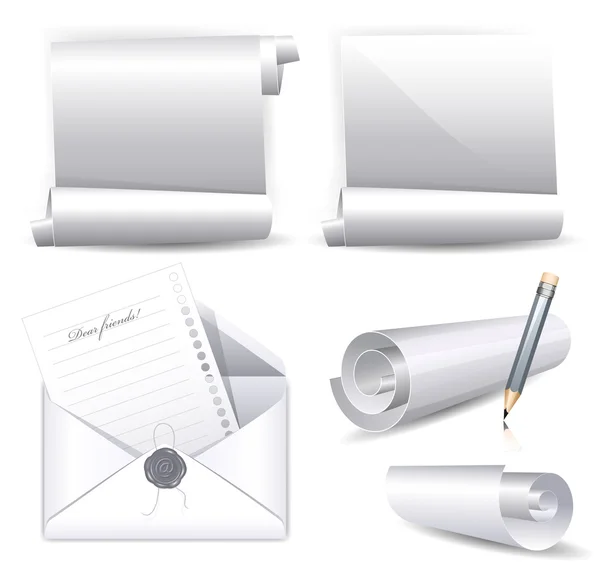 Collection vectorielle de divers rouleaux blancs et enveloppe avec sceau de cire — Image vectorielle