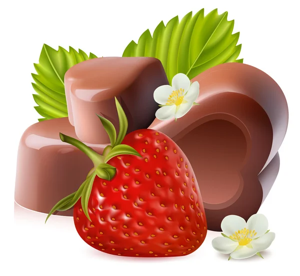 Jordgubbar med blad och choklad godis. — Stock vektor