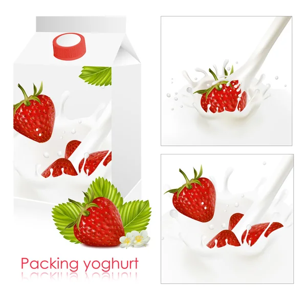 Hintergrund zur Gestaltung von Verpackungsjoghurt mit fotorealistischem Erdbeervektor. — Stockvektor