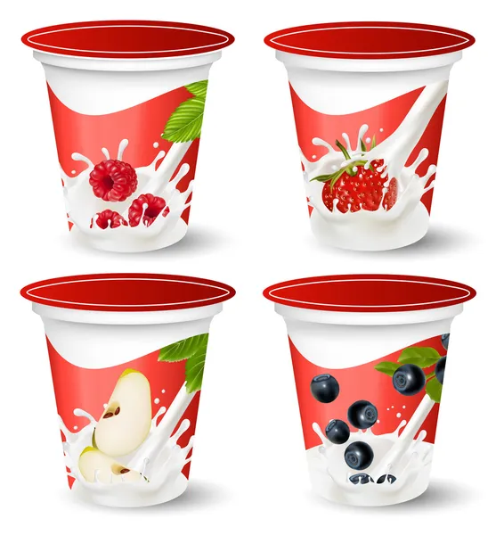 Hintergrund für die Gestaltung von Verpackungsjoghurt mit fotorealistischem Beeren-Vektor. — Stockvektor