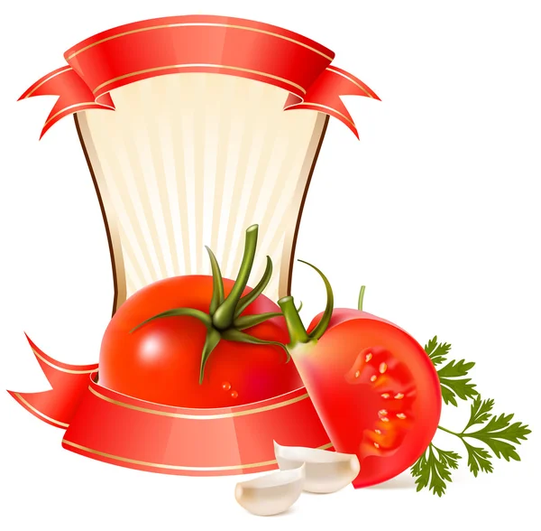 Etiqueta de um produto (ketchup, molho) com ilustração de vetor foto-realista de verduras — Vetor de Stock