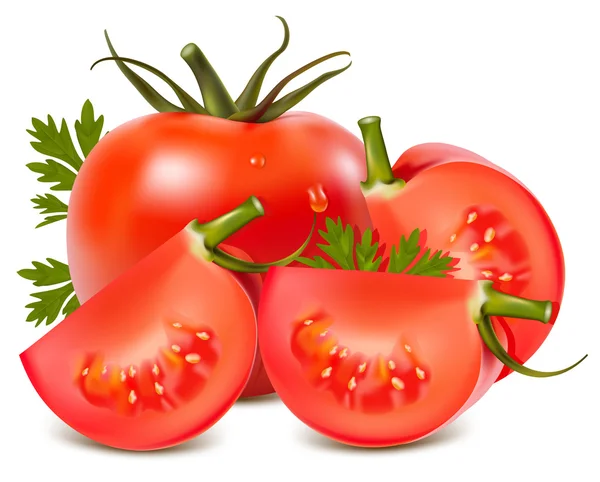Tomaat met waterdruppels en peterselie — Stockvector