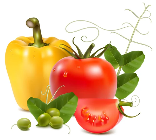 Tomate, pimentão amarelo e ervilhas verdes — Vetor de Stock