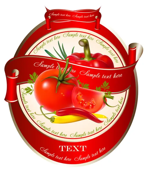 Ετικέτα για ένα προϊόν (κέτσαπ, σάλτσα) με το διάνυσμα φωτορεαλιστική απεικόνιση των λαχανικών — Διανυσματικό Αρχείο
