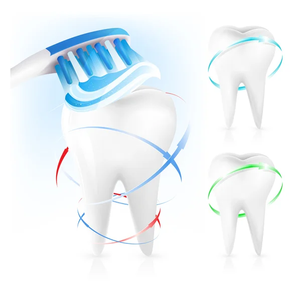 Bílé zuby, zubní kartáček a zubní pasta. — Stockový vektor