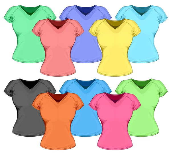 Wektor zestaw t-shirt kolor kobiet (widok z przodu). — Wektor stockowy