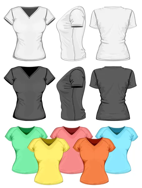 妇女的马球衬衫设计模板 （正面，背面和侧面视图). — 图库矢量图片
