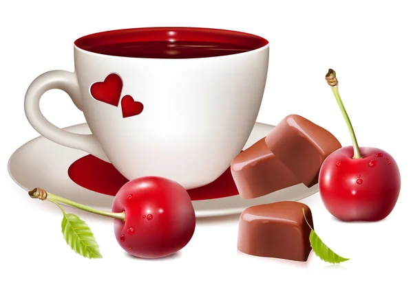 Chávena de chá (café) chocolates em forma de coração e cerejas maduras . —  Vetores de Stock