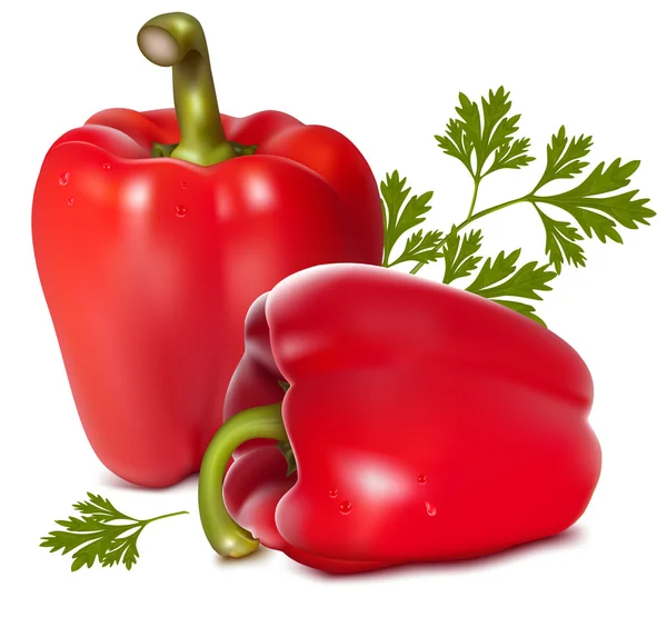 Illustrazione fotorealistica vettoriale del peperone rosso dolce con gocce d'acqua . — Vettoriale Stock