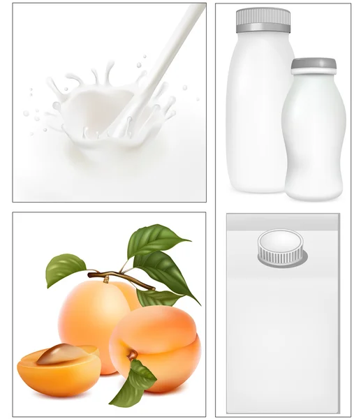 牛乳乳製品にパッキングの設計のための要素です。乳白色のスプラッシュ。熟したアプリコット. — ストックベクタ