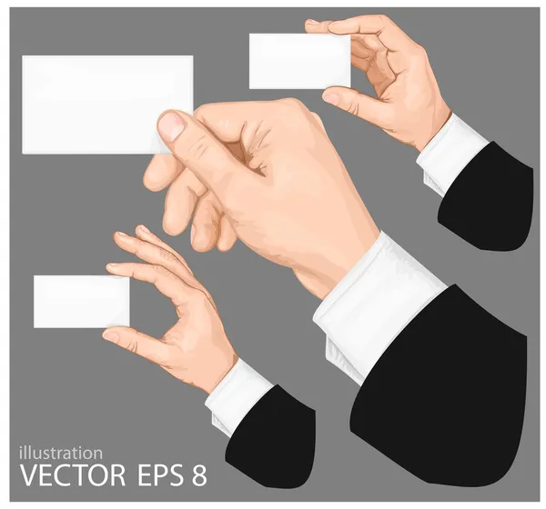 Χέρια που κρατούν το κενό επαγγελματική κάρτα με αντίγραφο-χώρο σε γκρι φόντο. — Διανυσματικό Αρχείο