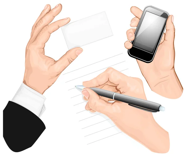 Σύνολο των χεριών: Γράψτε χέρι, χέρι που κρατά το mobilphone, το χέρι που κρατά την κάρτα. — Διανυσματικό Αρχείο