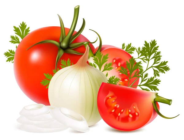 Vetor de verduras: cebolas e tomates — Vetor de Stock