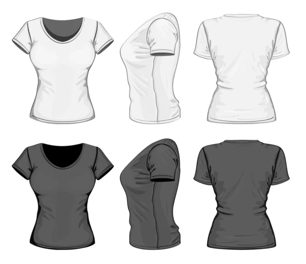 여자의 폴로 셔츠 디자인 서식 파일 (다시 전면 및 측면 보기). 스톡 벡터