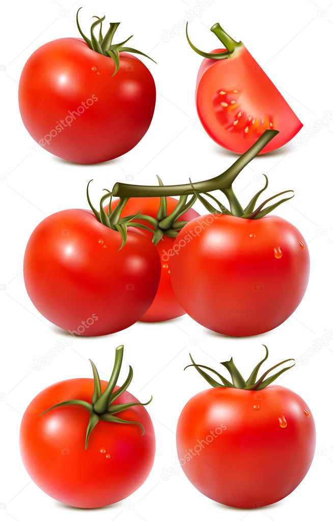 Collection of red ripe tomatoes with water drops.