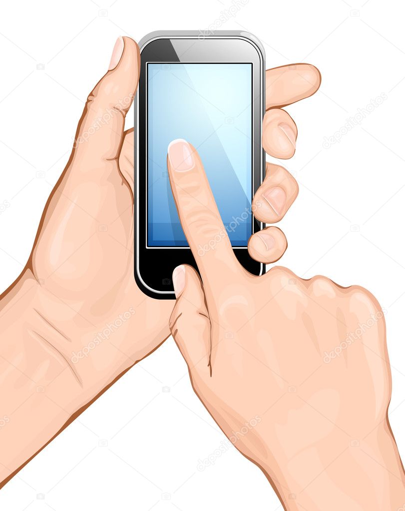 Hand holding cellular phone.