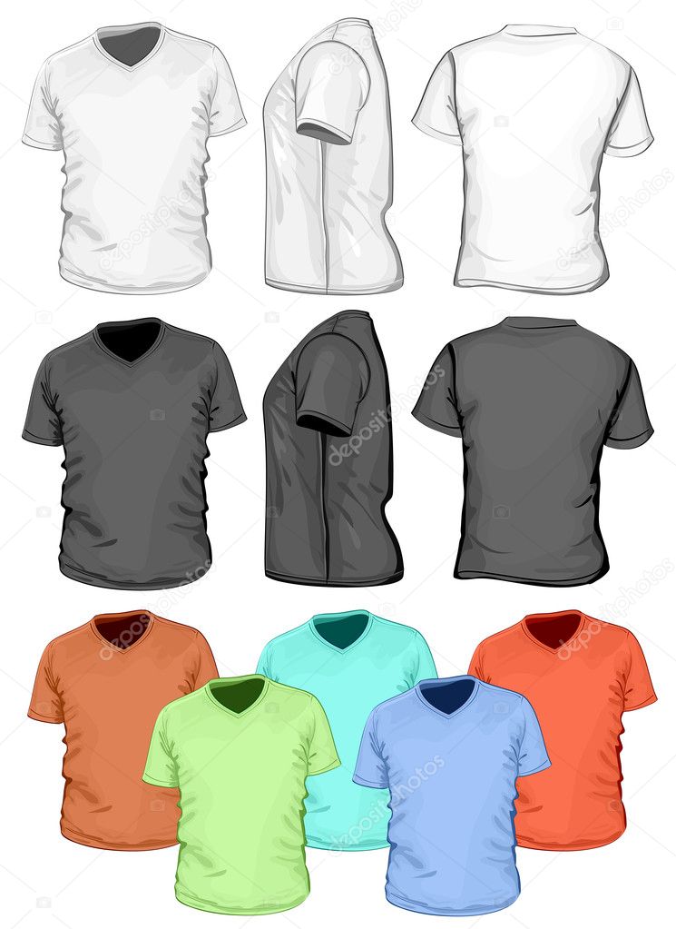 Men's V-neck t-shirt design template (front, back and side view)