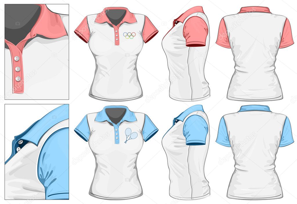 Women's polo-shirt design template (front, back and side view).
