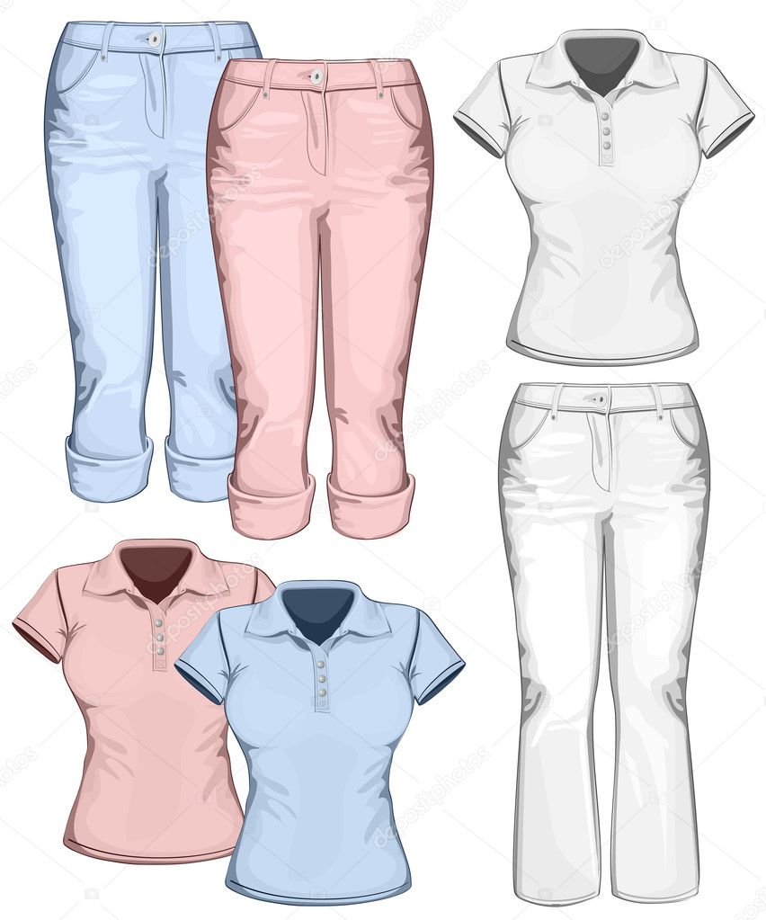 Women's trouser jeans and polo-shirt design templates.