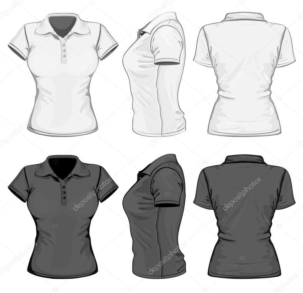 Women's polo-shirt design template (front, back and side view).