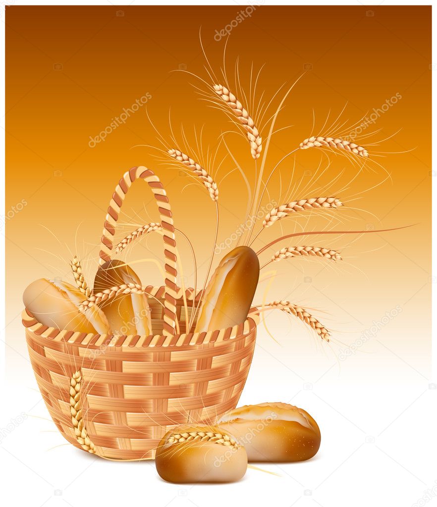 Vector paper bag with bread and wheat