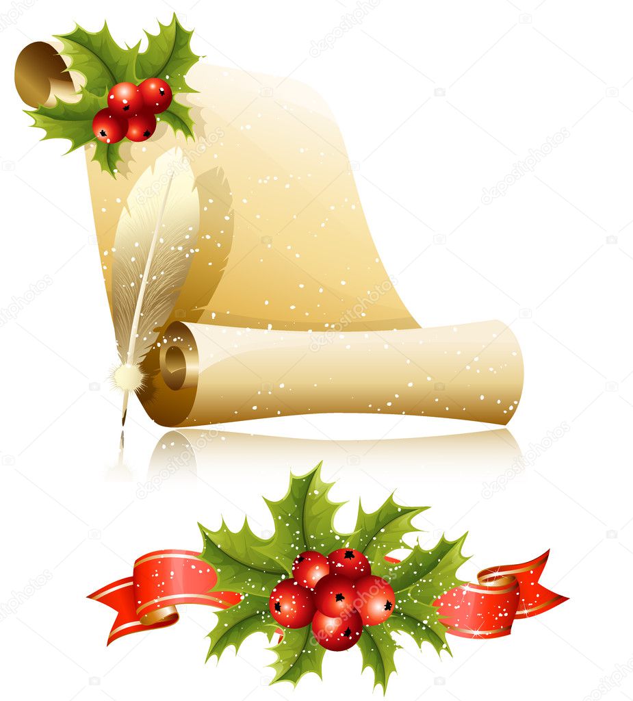 Paper scroll with feather and Christmas holly.