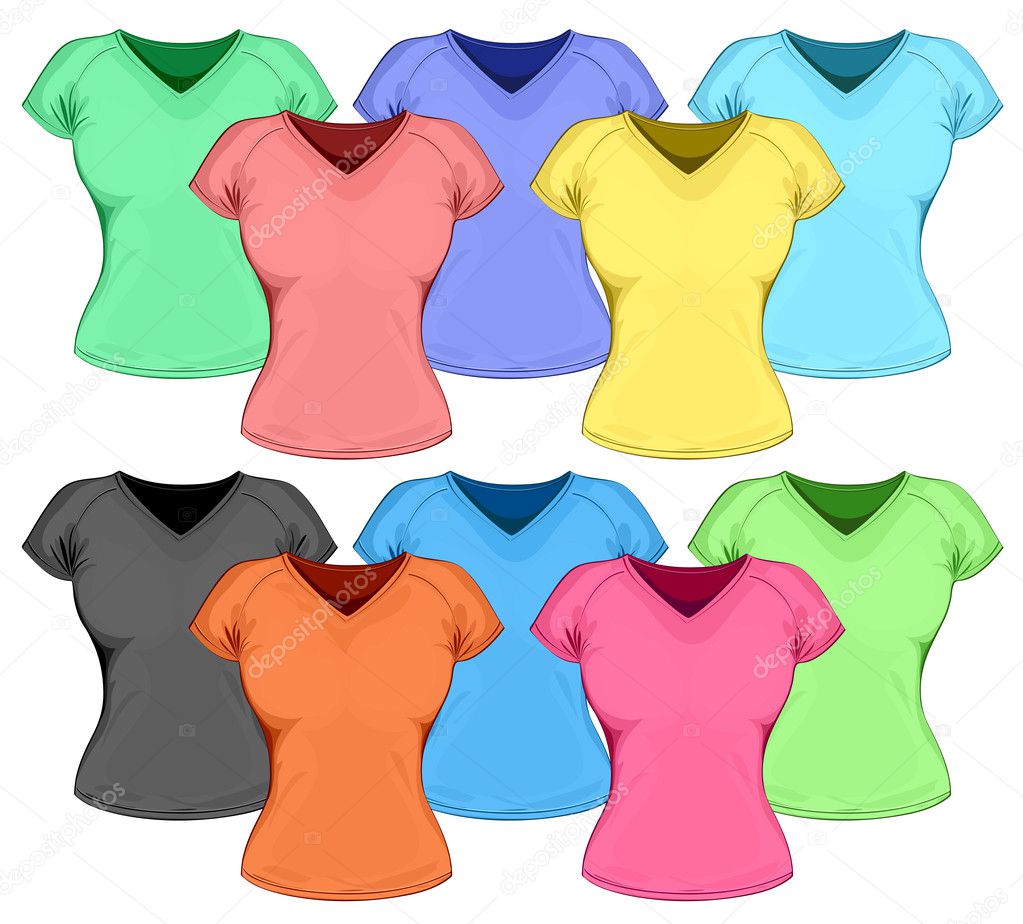 Vector set of color women's t-shirt (front view).