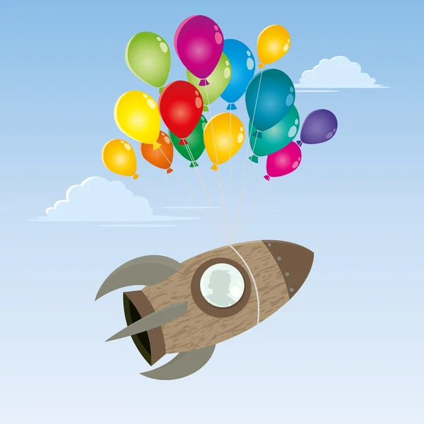 Foguete de desenhos animados engraçados e balões —  Vetores de Stock