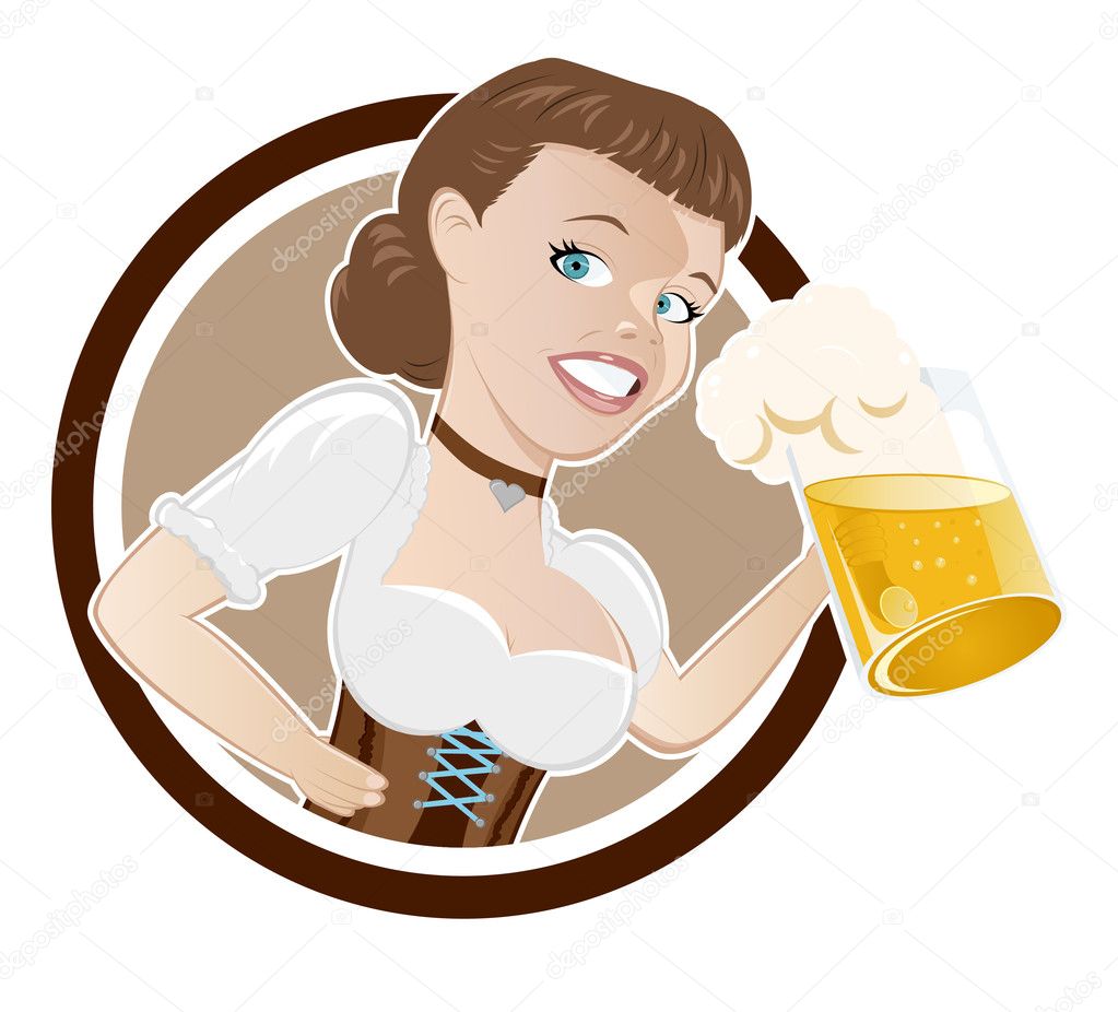Cartoon girl in dirndl with beer