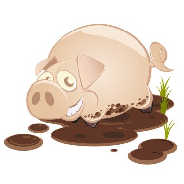 Funny cartoon pig in mud
