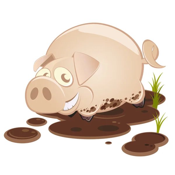 Divertente maiale cartone animato nel fango — Vettoriale Stock