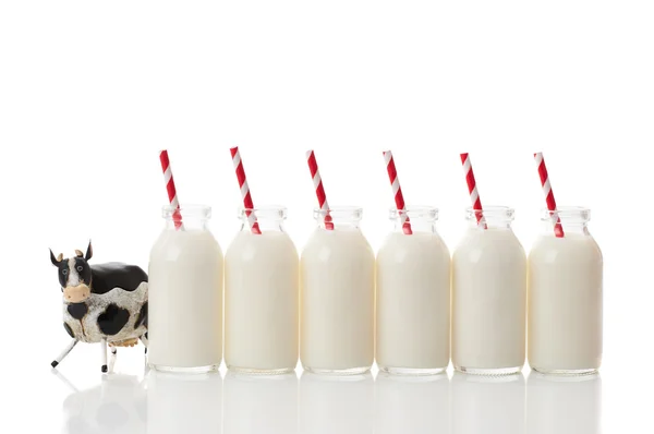 Rij van retro melkflessen — Stockfoto