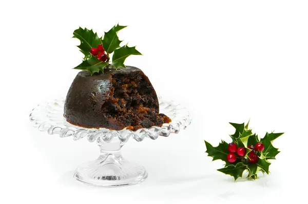 Christmas pudding med holly — Stockfoto