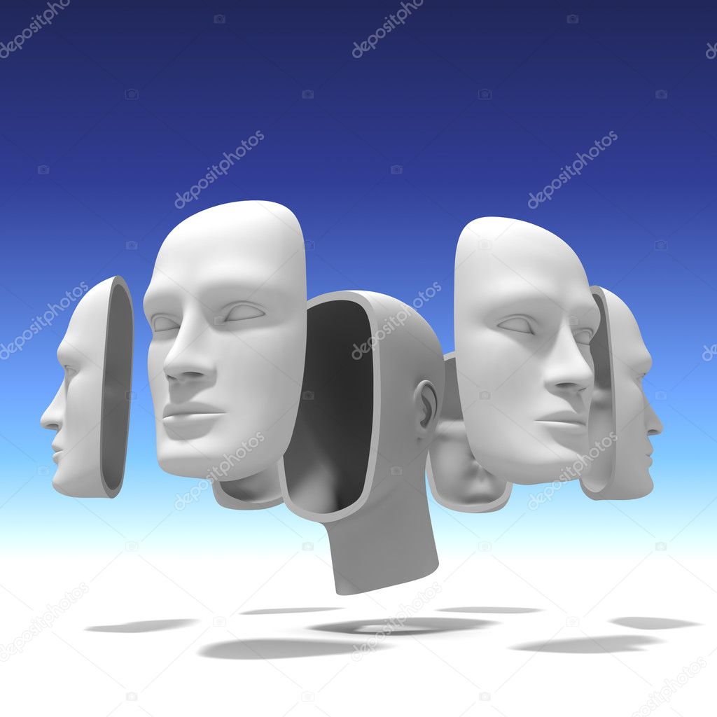 Human head with many faces