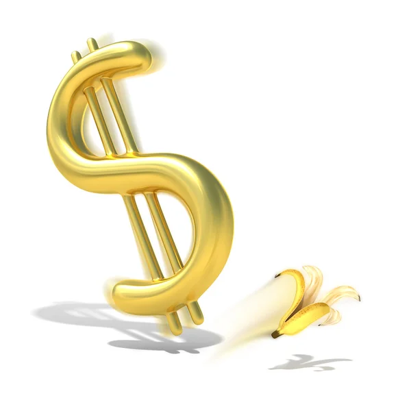 Знак доллара поскользнулся на банановой кожуре — стоковое фото