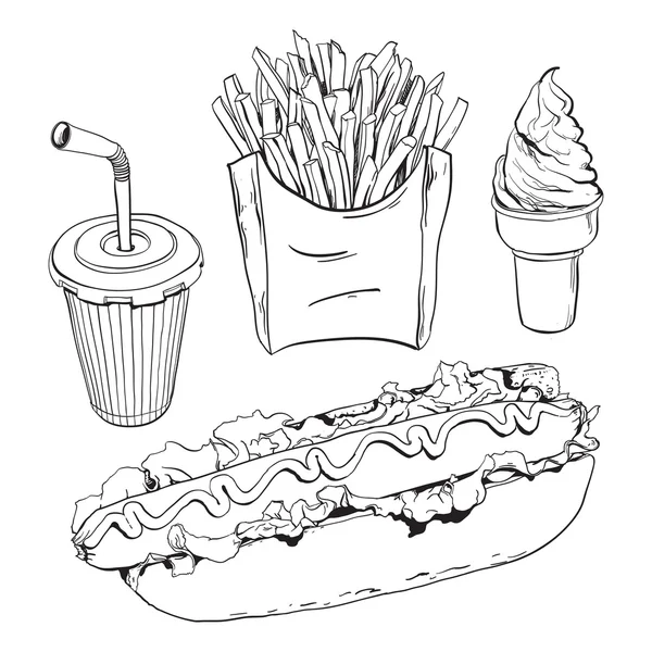 Fast food kümesi üzerinde beyaz izole — Stok Vektör