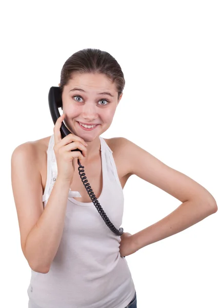 Πορτρέτο του χαμογελαστό κορίτσι μιλάει στο τηλέφωνο — Φωτογραφία Αρχείου