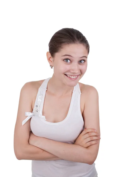 Ritratto di una ragazza sorridente con una domanda isolata sul bianco — Foto Stock