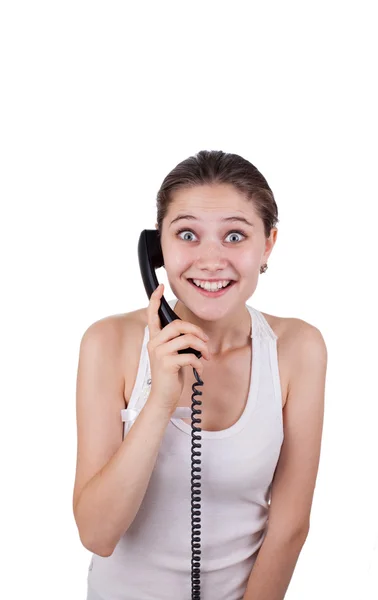 Femme heureuse parlant via téléphone cellulaire isolé sur blanc — Photo
