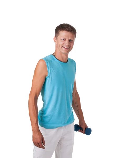 М'язистий чоловік з гантелями в руці ізольований на білому — стокове фото