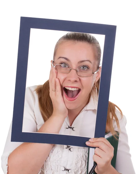 Business lady looks surprised through the frame — Stock Photo, Image