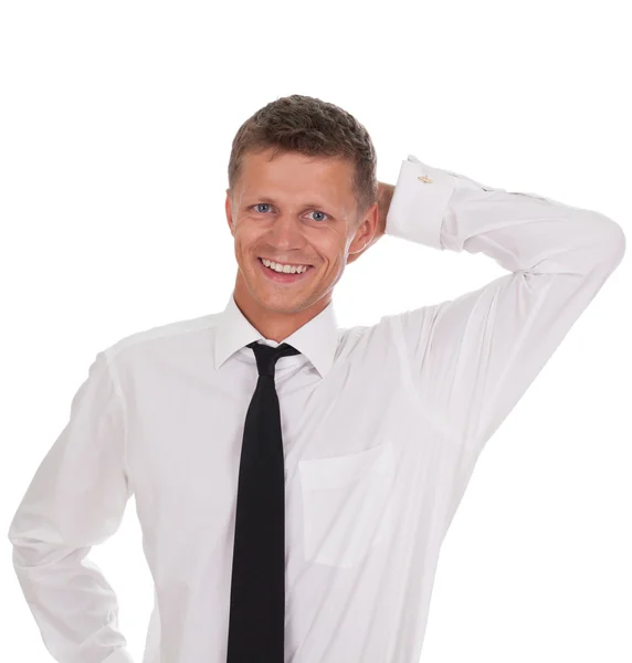 Homem de negócios feliz no fundo branco — Fotografia de Stock
